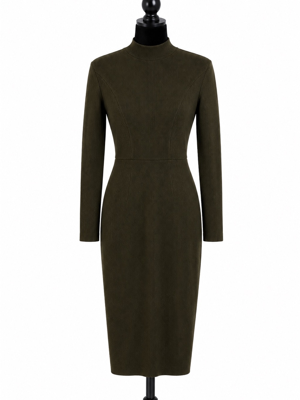 Vintage Green Ribbed Knit High Neck Bodycon Midi Dress Button Size S - Picture 1 of 7